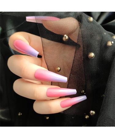 Bohend long coffin false nails glossy graded fake nail ballerina party 24 pc. Press nail for women and girls (pink)