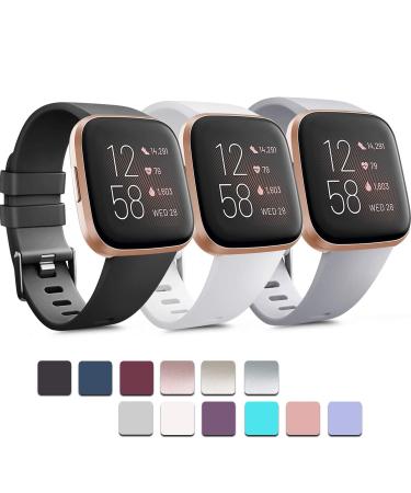 PACK 3 Soft Silicone Bands Compatible for Fitbit Versa 2 / Fitbit Versa/Fitbit Versa Lite Adjustable Sport Bands for Women Men Small Large(Without Tracker) (Small Black+White+Grey) Small Black+White+Grey