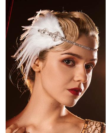 SWEETV 1920s Flapper Headband with Rhinestone Feather | Great Gatsby Hair Accessory for Women in White - Buy Online on GoSupps.com