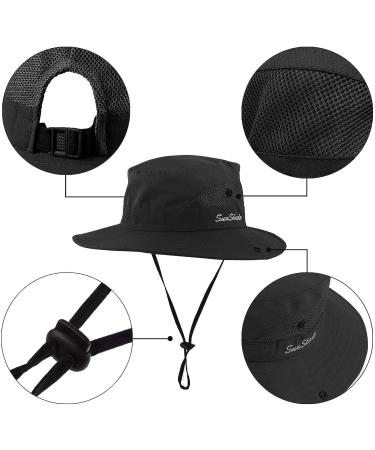 Womens Wide Brim Foldable Sun-Hat with Ponytail-Hole - Black | UV Protection Fishing Hat for Outdoor Activities - Buy Online on GoSupps.com
