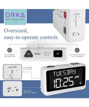 ORKA Talking Clock for Elderly Seniors | Medication Pill Reminder Recordable Alarm- Customize Multiple Alarms | Digital Day Clock 8 Display for Dementia & Impaired - Buy Online on GoSupps.com