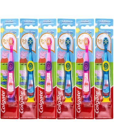 Colgate Kids Toothbrush, Peppa Pig Characters, with Suction Cup for Little Children Ages 2+, Extra Soft (Colors Vary) - Pack of 6