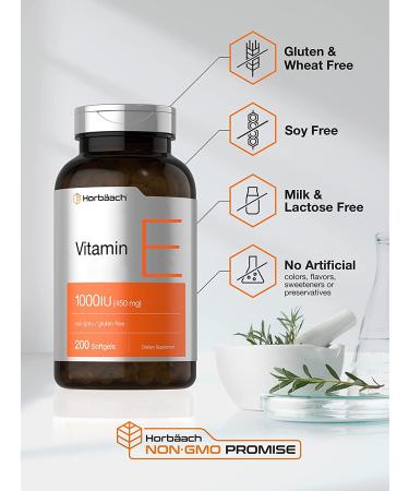 Horbaach Vitamin E 1000 IU Softgel Capsules 200 Count - Non-GMO, Gluten Free & Preservative Free | Vitamin E Oil - Buy Online on GoSupps.com