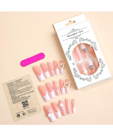 Shop Stylish French Tip Press On Nails - Summer Pink Coffin Design with Heart-Shaped Pearls & Rhinestones | 24 Pcs Glossy Acrylic Nails for Women & Girls - Buy Online on GoSupps.com