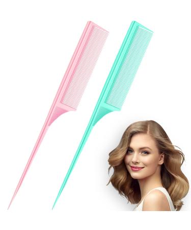 2 Pieces Rat Tail Fine Tooth Comb Carbon Fiber Teasing Styling Comb Anti Static Heat Resistant Tail Comb for Back Combing Root Teasing Adding Volume Evening Styling Women Men (Pink, Green)
