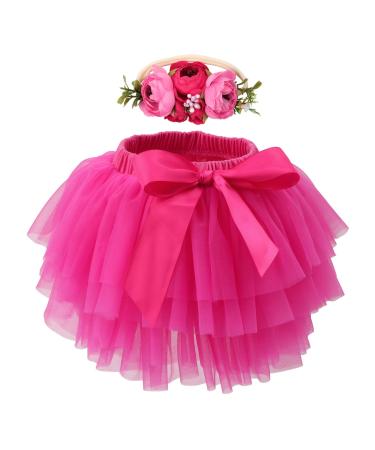 HOOLCHEAN Baby Girls Soft Tutu Skirt and Flower Headband Sets with Diaper Cover 1-2 Years Rosy