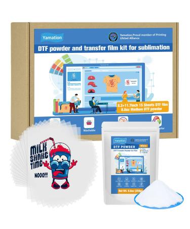 Yamation DTF Transfer Film and Powder for DTF Sublimation Printer  8.3 11.7 inch 15 Sheets DTF PET Film Sheets and 8.8oz White Hot Melt Adhesive Direct to Film for T-Shirt 15sheets film and 8.8oz powder - Buy Online on GoSupps.com