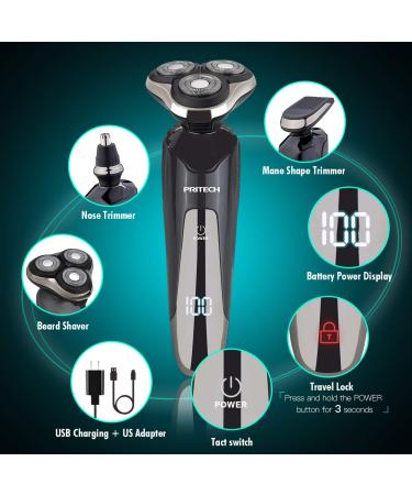 PRITECH RSM-1505-UL Mens Electric Razor - Waterproof 3-in-1 Rechargeable Shaver & Trimmer, Cordless with USB Charging - Buy Online on GoSupps.com