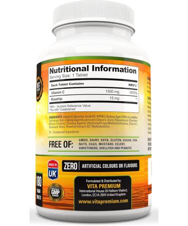 High Strength Vitamin C 1500mg - 180 Vegan Tablets, 6 Month Supply | Made in UK - Buy Online on GoSupps.com