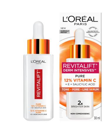 L'Or al Paris 12% Pure Vitamin C Brightening Face Serum with Vitamin E & Salicylic Acid for Antioxidant Protection & Less Visible Pores Revitalift Derm Intensives 30mL