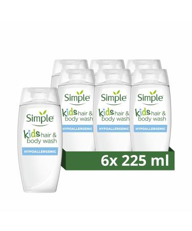 Simple Kind to Skin Kids Hair Shampoo & Body Wash Hypoallergenic Shower Gel with natural lavender & chamomile oil for your child's sensitive skin 6x 225 ml