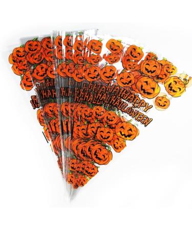 VDL Pack of 100 Halloween Sweet Cones Pumpkin themed Clear Treat Bags with Twist Ties (16x30cm) - Buy Online on GoSupps.com