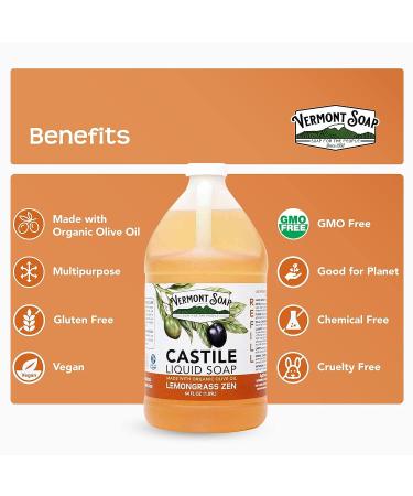 Vermont Castile Lemongrass Zen Soap - Gentle Liquid Soap for Sensitive Skin, Natural Body Wash, Organic Shampoo, Aloe Castile Soap - 64 Oz - Buy Online on GoSupps.com