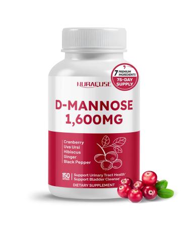 D-Mannose with Cranberry Uva Ursi Hibiscus Ginger Black Pepper - Supports Urinary Tract Health Bladder Cleanse - Made and Tested in The USA 150 count (pack of 1)