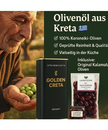 Golden Kreta Olive Oil 3L 3 x 1L cans + 1 Lamda Estate Kalamata Vacuum-Packed Olives 250g - Buy Online on GoSupps.com