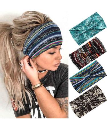 Aceorna Boho Headbands Wide Bandeau Hair Band Knot Turban Head Band Stretch Leopard Twist Head Wraps Elastic Yoga Sweatband Stylish Head Bands for Women and Girls 4 Pcs (Set B)