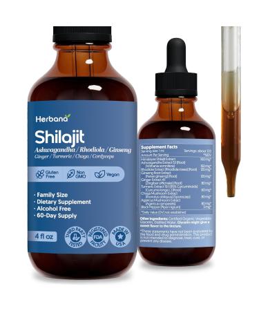 Herbana Shilajit Dietary Supplement with Ashwagandha Rhodiola Ginseng Ginger Turmeric Chaga Cordyceps Alcohol Free Vegan Gluten Free Non GMO 4 fl oz 60-Day Supply