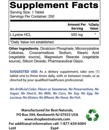 Best Naturals L-Lysine 500mg 250 Tablets - 250 Count Pack - Immune Support Supplement - Buy Online on GoSupps.com