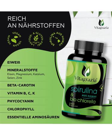Buy VitAgrazia Hawaii Spirulina & Bio Chlorella Tablets - 450 Pure Organic Algae - Lab Tested in Germany - International Shipping Available - Buy Online on GoSupps.com