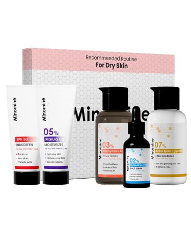 Dry Skin Gamechangers Skincare Routine Kit for Unisex | Alpha Lipoic Cleanser Hyaluronic Serum PHA Face Toner Marula Oil Moisturizer & SPF 60 Sunscreen | Combo Set Pack Of 5