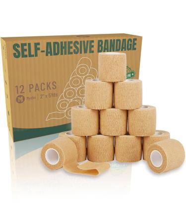 (12 Pack 2 x 5 Yards) Self Adhesive Bandage Wrap Elastic Adhesive Bandages for Medical First Aid Sports Athletic Vet Horse and Dog Beige.