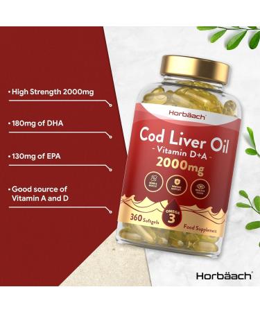 Cod Liver Oil Capsules High Strength | 2000mg | 360 Count | with Omega 3 Vitamin D and A | with 180mg of DHA and 130mg of EPA | by Horbaach - Buy Online on GoSupps.com