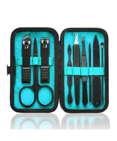 Manicure Set 9 in 1 Stainless Steel, Nail Clippers Scissors Pedicure Tools Kit - Portable Travel Grooming Kit for Men and Women with Black/Blue Leather Case (Blue)