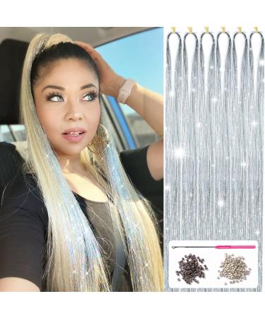 Silver Hair Tinsel Kit with Tools 1200 Strands  Hair Tinsel Heat Resistant Fairy Hair Tinsel Kit 47 Inch  Sparkling Glitter Tinsel Hair Extensions Hair Tensile for Halloween Christmas New Year Party (Shining Silver)