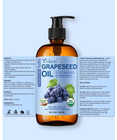 Yoken Organic Grapeseed Oil 16 oz GLASS BOTTLE - USDA 100% Pure & Natural Cold Pressed Grape Seed Carrier Oil for Skin & Hair - Single Ingredient Hexane Free Light & Silky Body Moisturizer - Buy Online on GoSupps.com