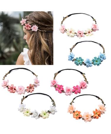 RTITCOPE 6Pcs Flower Crown Handmade Adjustable Rose Wreath  Floral Garland Hair Bands Tiara Garland Wedding Party Halo Headpiece Boho for Women Brides Bridesmaids Baby Girls Teens