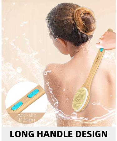 Metene Exfoliating Shower Brush - Dual-Sided Soft & Stiff Bristles, Long Wooden Handle for Body Care - Buy Online on GoSupps.com