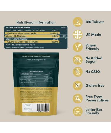 Lions Mane Supplement 4000mg with Vitamin B1 & Black Pepper 180 Vegan Tablets - Lion's Mane Mushroom 15:1 Extract (Not Lions Mane Powder or Capsules) UK Made for Mental Performance & Nervous System - Buy Online on GoSupps.com