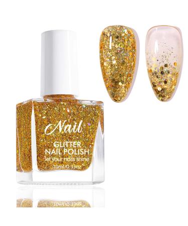 Gold Nail Polish - Holographic Glitter Nail Polish - Sparkle Shine Vegan Base Natural Nail Varnish - Decorated with Colorful Paillette Shimmer Nail Varnish No Need UV Home DIY