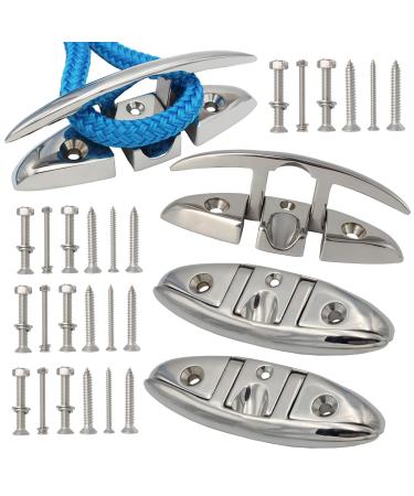 VEITHI 316 Stainless Steel Boat Folding Cleats 5inch and 6inch (2 Sizes), Flip up Dock Cleat for Deck and Boat, Dock Cleats Folding with Fasteners, Rope Cleat Boat Cleat with Back Plate (1,2,4 Pack) 5inch 4Pack