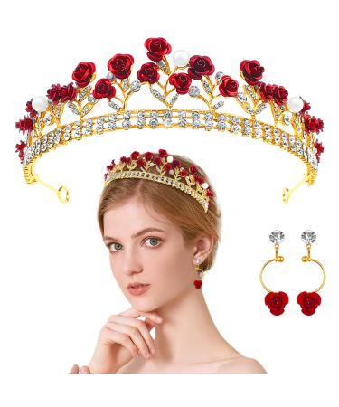 Aswewamt Red Rose Tiaras Bridal Wedding Queen Crowns Gold Flower Baroque Princess Crown Pearls Crystal Gold Headbands Earrings Rose Pendant Flower Jewelry for Women Girls