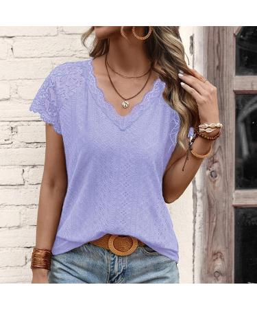 Lace Trim V Neck Women's Summer T-Shirt | Floral Embroidered Blouse (Purple, Size Small) - Buy Online on GoSupps.com