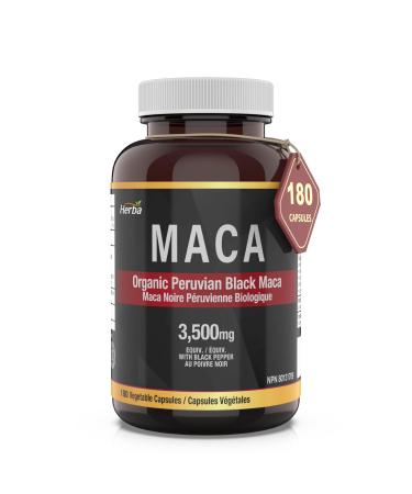 Herba Organic Black Maca Root for Men 3500mg 180 Capsules | Sourced from Peru | 10:1 Extract with Black Pepper | Premium Black Maca Root Capsules for Men & Women | Made in Canada