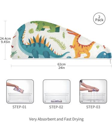 Cartoon Colorful Dinosaurs Hair Towel 2 Pack - Super Absorbent Quick Dry Hair Turbans for Women & Girls - Buy Online on GoSupps.com