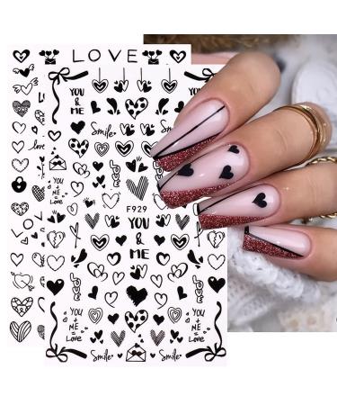 8 Sheets 3D Heart Nail Art Stickers Hearts Nail Decals Self-Adhesive Black White Heart Love Nail Stickers for Women Girls Kids Acrylic Nails Heart Nail Decor DIY Valentines Nail Decorations