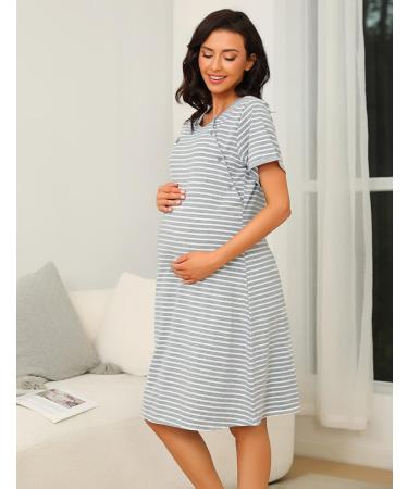 Sykooria Women's Maternity Nightdress | Nursing Nightgown | V Neck Pajama Tops | Soft Loungewear for Pregnant Women - Stripe Light Grey XL - Buy Online on GoSupps.com