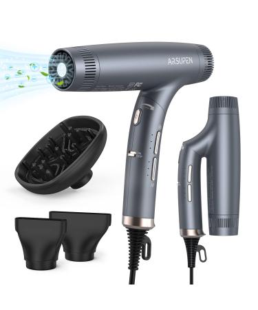 Hair Dryer Foldable Dual Lonic Blow Dryer for Women Men with Powerful Brushless Motor Magnetic Nozzle 12 Modes High Speed Fast Drying Silent for Travel Salon Home Grey