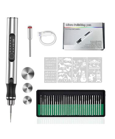 KugobarNe Engraving Pen with 33 bits  Mini Engraver Pen Basic for All Materials  USB Rechargeable Professional Engraver Tool  Portable DIY Electric Engraving Pen for Jewelry Glass Wood Stone Metal Silver with 32 Bits