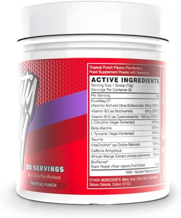 Naughty Boy High Energy Pre Workout Powder with Beta Alanine Citrulline & Caffeine Supplements for Men & Women Clinically Dosed Energy Drink- 390g/30 Servings (Tropical Punch) - Buy Online on GoSupps.com