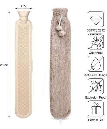Large 2L Hot Water Bottle with Fluffy Faux Fur Cover - 73cm Rubber Bag for Neck, Waist, Abdomen & Legs - Khaki - Buy Online on GoSupps.com