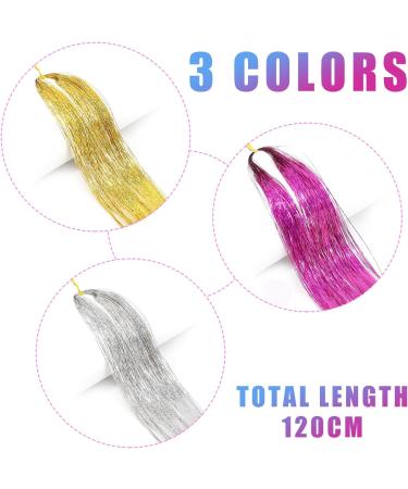 600 Glitter Metal Wire Hair Extensions Tinsel Straight Hair Accessories Holographic Dazzle Colour Straight Hair Extensions Ladies and Girls Hair Accessories (Gold Silver Pink) - Buy Online on GoSupps.com