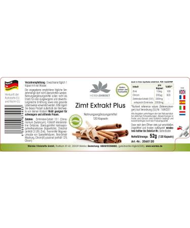 Cinnamon Extract - with 200 g Chromium and 10mg Zinc per Capsule - High Concentration - 120 Capsules | herba direkt - German Pharmacy Quality - Buy Online on GoSupps.com