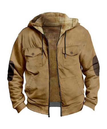 Hanxiulin coat plush jacket hoodie jacket oversize winter coat hiking jacket men long sleeve standing collar upper clothes long thick light quilted jacket casual fashion plush jacket buffer jacket transition khaki m