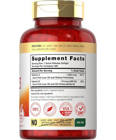 Carlyle Vitamin A and D Supplement 400 Softgels | Non-GMO Gluten Free | 1500 mcg Vitamin A, 400 IU Vitamin D3 - Buy Online on GoSupps.com