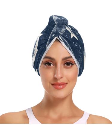 Sharks-2735 Hair Towel 2 Pack Super Absorbent Hair Drying Towel Quick Dry Hair Turbans Head Towel with Button Twisty Wrap for Women Girls
