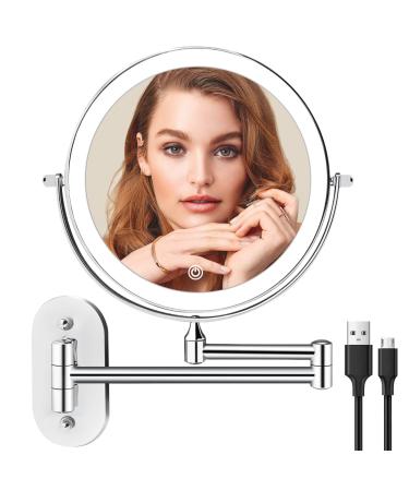 Wall Mounted Lighted Makeup Vanity Mirror 8 inch 1X/5X Magnifying Mirror with 3 Color Lights, Double Sided Bathroom Mirror with Dimmable LED Lights, 360° Swivel Extendable Shaving Light up Mirror Silver With 5x Magnification